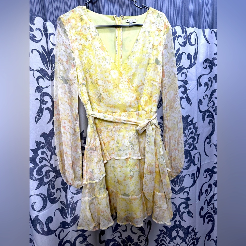 EUC Love Fire Yellow and White Wrap Sundress with Bishop Sleeves Size M